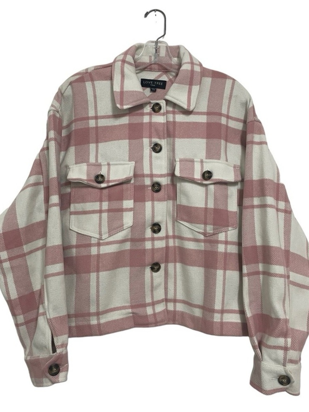 Love Tree Cream and Pink Plaid Button Jacket